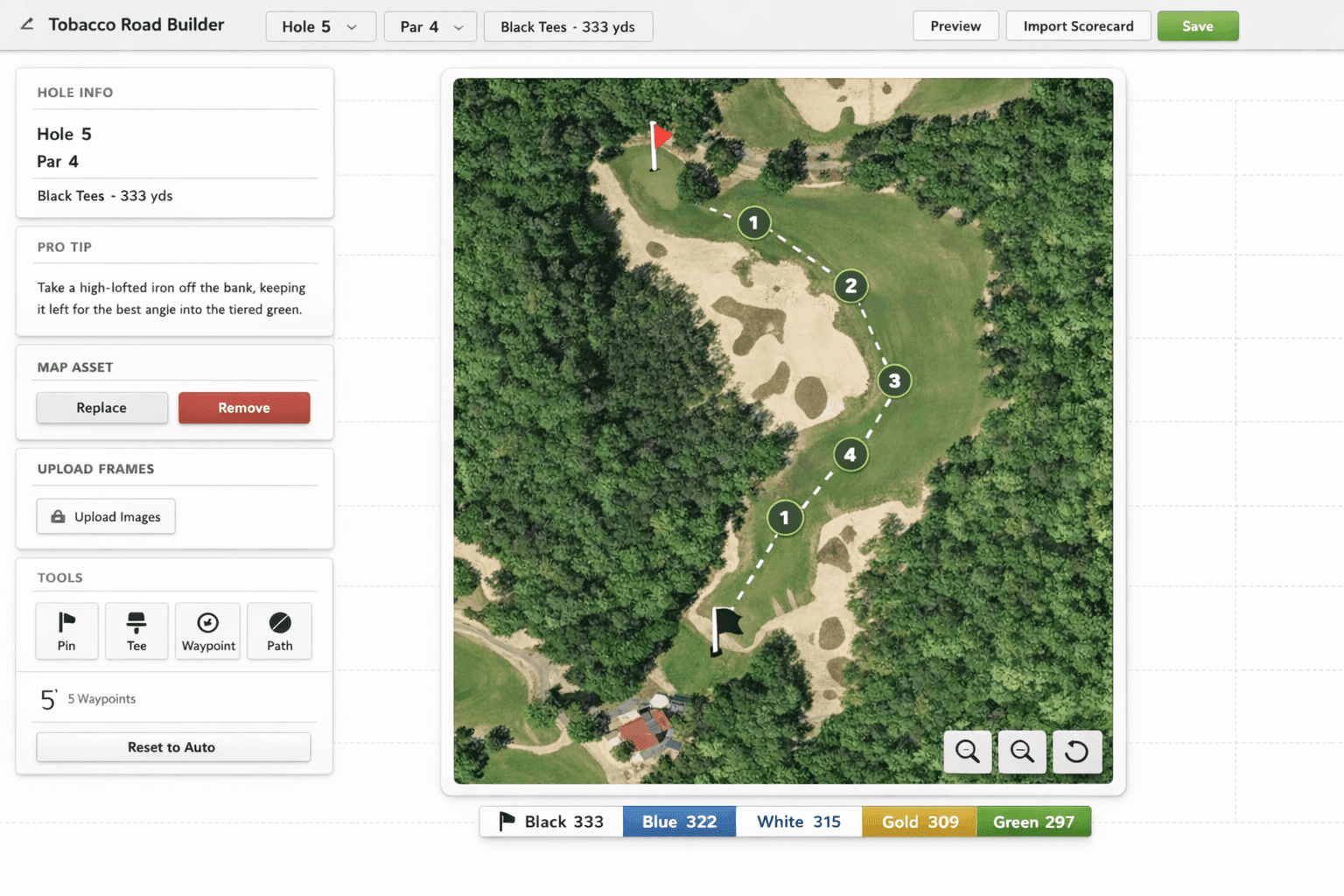 Fairway Flyover builder with a hole mini map and tee positions