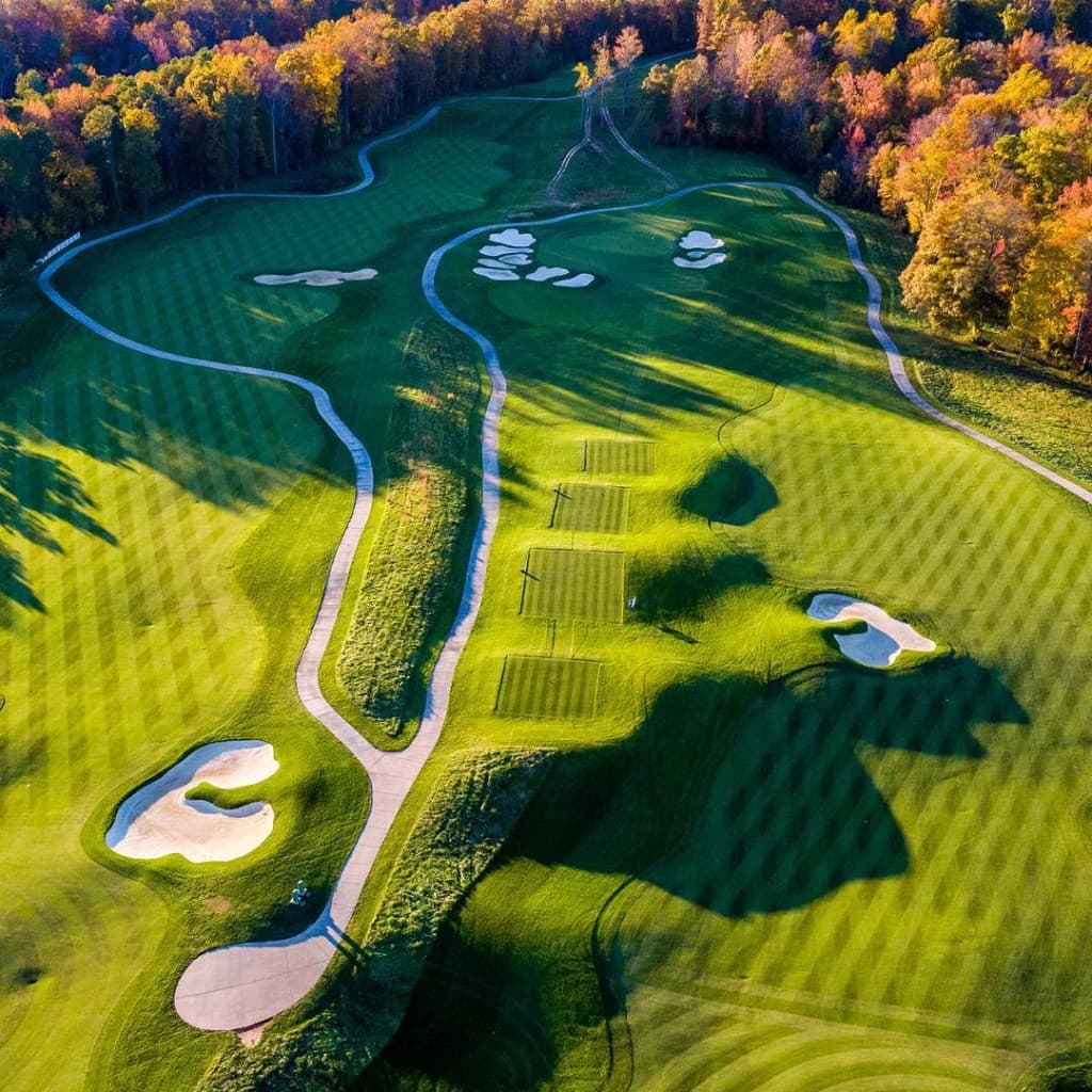 Aerial drone photo of a golf course in autumn